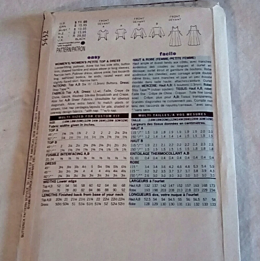 Vintage Butterick 5432 EASY Top & Dress sz 16W-20W